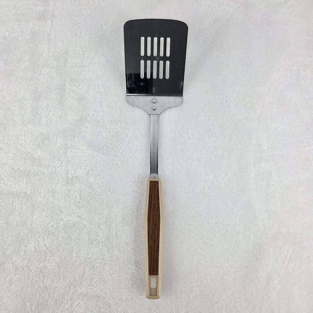 Vintage Japan Stainless Steel Slotted‎ Spatula Turner MCM Plastic Almond Handle
